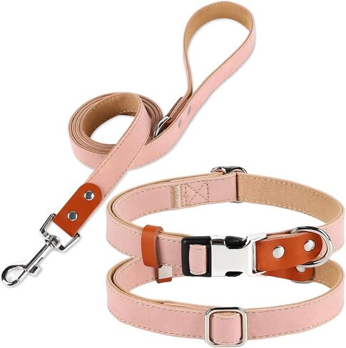 Dog Collar and Leash Set, PU Leather Dog Collar – Adjustable Eco-Friendly with Genuine Leather & Hemp, Soft Breathable Dog Collar Set for Small to Large Dogs (Pink, S（10“-16"）) in Kuwait