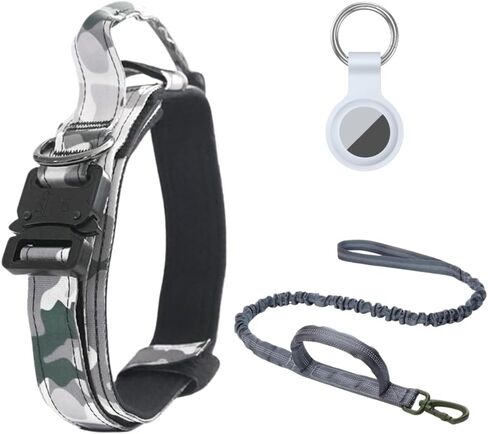 Heavy Duty Tactical Dog Collar, Extreme Strength for Large Dogs, Padded Control Handle (Includes a Grey Dog Leash, a Tracking case Compatible with AirTag & 2 Sticky Tags) (Large [L]) in Kuwait