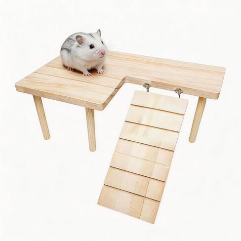Wooden Hamster Platform with Climbing Ramp, Natural Wood Hamster Cage Platform, Hideout Play Area for Hamsters Mice, Eco-Friendly Hamster Accessories in Saudi Arabia