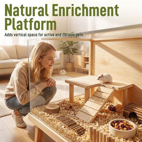 Wooden Hamster Platform with Climbing Ramp, Natural Wood Hamster Cage Platform, Hideout Play Area for Hamsters Mice, Eco-Friendly Hamster Accessories in Saudi Arabia