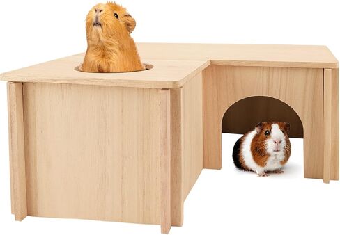 PAWCHIE Wooden Hut for Guinea Pig with Windows - Detachable and Large Size Wood House, Suitable for Guinea Gigs, Hamsters, Chinchillas and Other Small Animals Hideout in Kuwait