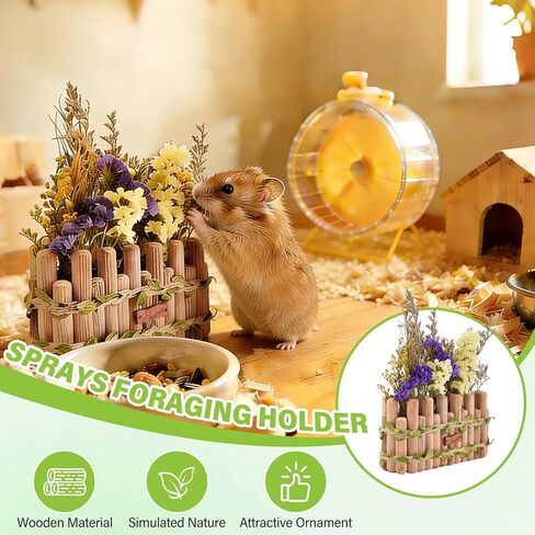 Natural Wood Hamster Spray Holder, Hamster Flower Forage Holder, Small Animal Herbs Spray Foraging Stander Decor, Hamsters Cage Habitat Decor Accessories for Guinea Pig, Gerbils in Kuwait