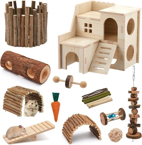 19 Pcs Hamster Cage Accessories Hamster Chew Toys Set, Maze Wood House Natural WoodenTunnel Tube Toy Set for Rat Mice Small Animals Habitat(Luxury Villa) in Kuwait