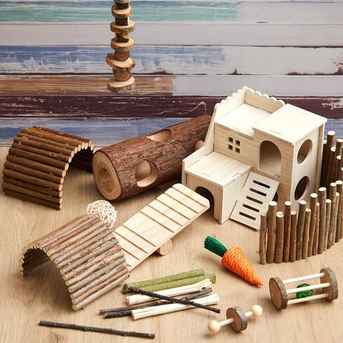 19 Pcs Hamster Cage Accessories Hamster Chew Toys Set, Maze Wood House Natural WoodenTunnel Tube Toy Set for Rat Mice Small Animals Habitat(Luxury Villa) in Kuwait