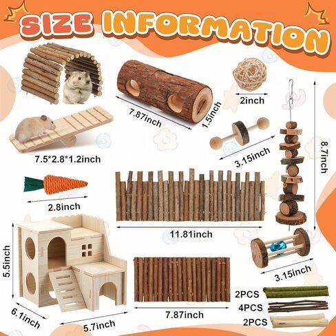 19 Pcs Hamster Cage Accessories Hamster Chew Toys Set, Maze Wood House Natural WoodenTunnel Tube Toy Set for Rat Mice Small Animals Habitat(Luxury Villa) in Kuwait