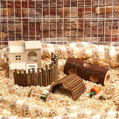 19 Pcs Hamster Cage Accessories Hamster Chew Toys Set, Maze Wood House Natural WoodenTunnel Tube Toy Set for Rat Mice Small Animals Habitat(Luxury Villa) in Kuwait