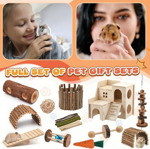 19 Pcs Hamster Cage Accessories Hamster Chew Toys Set, Maze Wood House Natural WoodenTunnel Tube Toy Set for Rat Mice Small Animals Habitat(Luxury Villa) in Kuwait