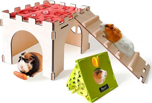 2PCS Guinea Pig Hideout,Large Wooden Guinea Pigs House with Stairs and Mats,Detachable Guinea Pig Castle Hide for Small Animals Hamster Chinchilla Ferret Habitats Accessories in Kuwait