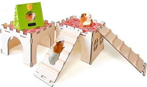 2PCS Guinea Pig Hideout,Large Wooden Guinea Pigs House with Stairs and Mats,Detachable Guinea Pig Castle Hide for Small Animals Hamster Chinchilla Ferret Habitats Accessories in Saudi Arabia