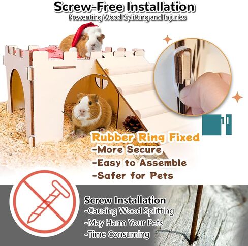 2PCS Guinea Pig Hideout,Large Wooden Guinea Pigs House with Stairs and Mats,Detachable Guinea Pig Castle Hide for Small Animals Hamster Chinchilla Ferret Habitats Accessories in Saudi Arabia