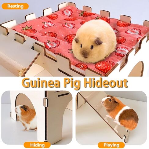2PCS Guinea Pig Hideout,Large Wooden Guinea Pigs House with Stairs and Mats,Detachable Guinea Pig Castle Hide for Small Animals Hamster Chinchilla Ferret Habitats Accessories in Saudi Arabia