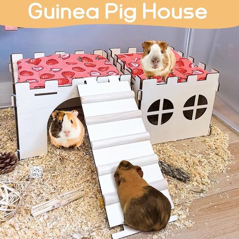 2PCS Guinea Pig Hideout,Large Wooden Guinea Pigs House with Stairs and Mats,Detachable Guinea Pig Castle Hide for Small Animals Hamster Chinchilla Ferret Habitats Accessories in Saudi Arabia