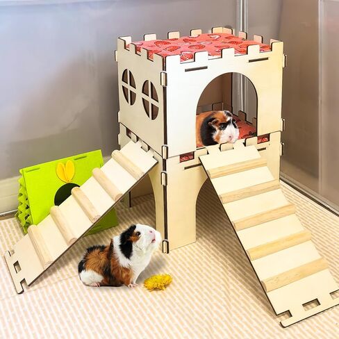 2PCS Guinea Pig Hideout,Large Wooden Guinea Pigs House with Stairs and Mats,Detachable Guinea Pig Castle Hide for Small Animals Hamster Chinchilla Ferret Habitats Accessories in Saudi Arabia