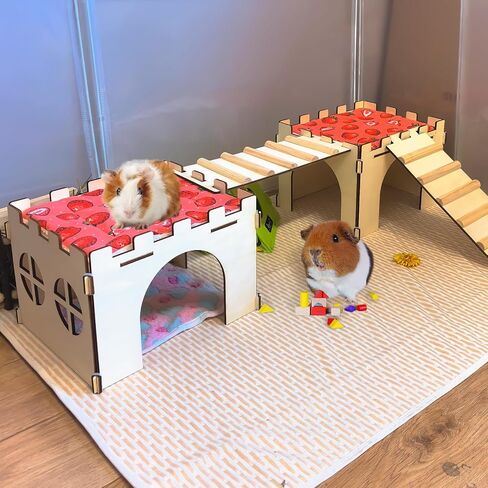 2PCS Guinea Pig Hideout,Large Wooden Guinea Pigs House with Stairs and Mats,Detachable Guinea Pig Castle Hide for Small Animals Hamster Chinchilla Ferret Habitats Accessories in Saudi Arabia