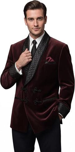 Men's Burgundy Velvet Jacket Men Double Breasted Smoking Jackets Dinner Party Wear Smoking Jacket Black Satin Quiltet Robe in Saudi Arabia