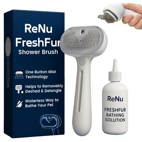 Renu Dog Brush, Renu FreshFur Dog Shower Brush + Bathing Solution, 3 in 1 Self Cleaning Steamy Pet Brushes, Dog Grooming Tool for Long & Short Hair, Removes Loose Hair Reduces Shedding (White) in Kuwait