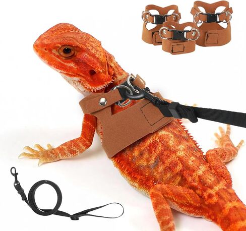 4 PCS Harness and Leash Set, Adjustable Soft Leather Bearded Dragon Leash and Harness Set for Small Animals, Reptiles, Squirrels, Rats (Brown, Black, Silver) in Kuwait