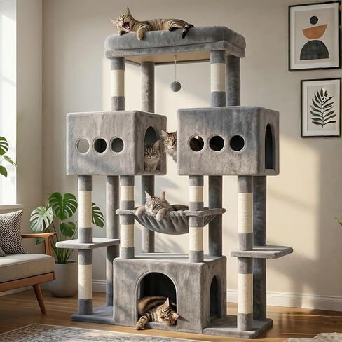 Hey-brother Cat Tree Tower, Large Sisal Scratching Posts with Big Platform, 3 Spacious Condos, Plush Hammock, Toy, 57.5 Inches Multi-Level Furniture for Indoor Adults Maine Coon, Smoky Gray MPJ083G in Kuwait