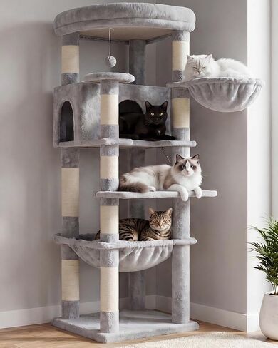 Heybly Cat Tree, 53.1-Inch Corner Stable Cat Tower for Large Indoor Cats, Well-Structured Cat Condo with Fan-Shaped Top Perch, Cozy Condo, Sturdy Base, Basket & Hammock, Beige HCT029MJ in Saudi Arabia