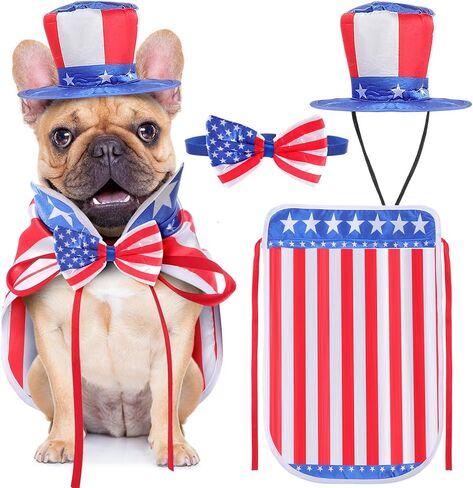 JaGely 3 Pcs 4th of July Dog Outfit Memorial Day Dog Costume Set Includes Top Hat, American Flag Bow Tie Collar and Cape Patriotic Pet Outfit for Dogs Cats Puppy Kitten(M,Classic) in Kuwait