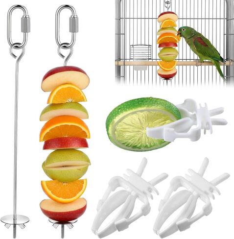 2 Pcs Bird Cage Food Holders, Stainless Steel Bird Feeder for Cage Parrot Foods Fruit Vegetable Stick Holder with Hook for Parakeets, Budgies, Macaws (2 Sizes) in Kuwait