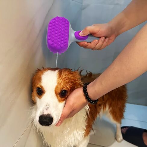 Pet Dog Bath Brush, 2 in 1 Silicone Brush Bathing Grooming Massage Brush with 6.8oz Shampoo Dispenser for Long & Short Haired Dogs Cats Shower in Kuwait