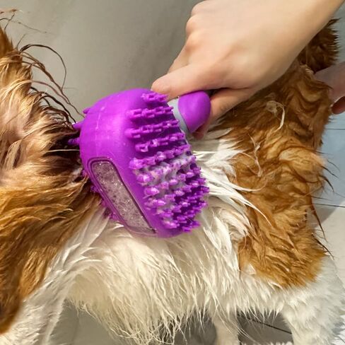 Pet Dog Bath Brush, 2 in 1 Silicone Brush Bathing Grooming Massage Brush with 6.8oz Shampoo Dispenser for Long & Short Haired Dogs Cats Shower in Kuwait