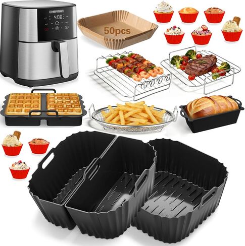 Air Fryer Accessories for Chefman 8Qt 9Qt, Gourmia, Typhur, Nuwave, 7-9QT Air Fryer Silicone Liners Accessories Set 2-In-1 Silicone Liners, Paper Liners, Grill Racks Basket, Muffin Molds in Kuwait