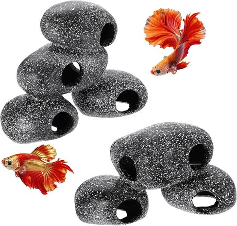 Aquarium Decorations Rocks, 5.9x4.4x4.6 Inch Betta Hide Resin Realistic Fish Tank Ornaments, 2Pcs(Grey), Intended for Small Fish/Shrimp/Guppy in Saudi Arabia