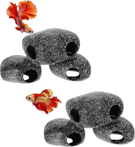 Aquarium Decorations Rocks, 5.9x4.4x4.6 Inch Betta Hide Resin Realistic Fish Tank Ornaments, 2Pcs(Grey), Intended for Small Fish/Shrimp/Guppy in Saudi Arabia