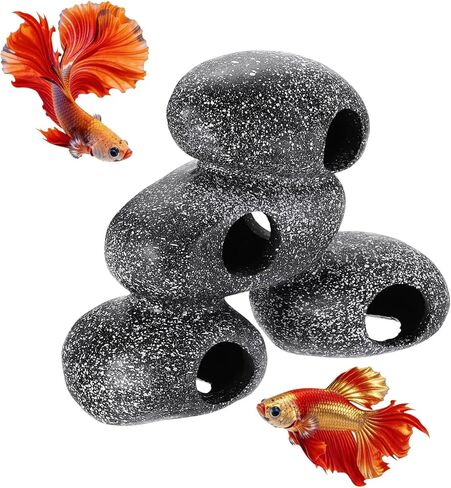 Aquarium Decorations Rocks, 5.9x4.4x4.6 Inch Betta Hide Resin Realistic Fish Tank Ornaments, 2Pcs(Grey), Intended for Small Fish/Shrimp/Guppy in Saudi Arabia