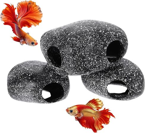 Aquarium Decorations Rocks, 5.9x4.4x4.6 Inch Betta Hide Resin Realistic Fish Tank Ornaments, 2Pcs(Grey), Intended for Small Fish/Shrimp/Guppy in Saudi Arabia