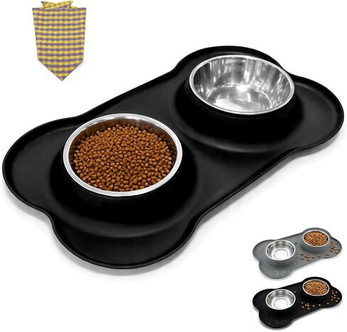 Double Stainless Steel Dog Bowls with Non-Slip Silicone Mat, Extra Small Puppy Food and Water Bowl Set, Spill Proof & Dishwasher Safe Pet Feeding Bowls for Small Dogs and Cats Under 8 lbs,BL (Black) in Kuwait