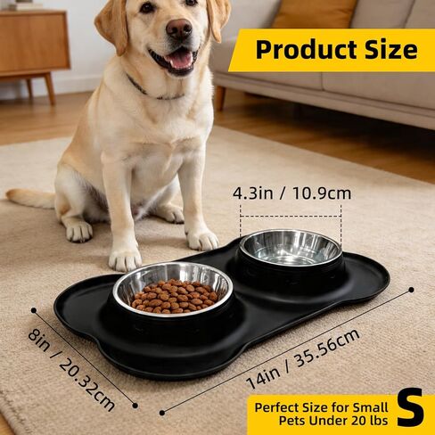 Double Stainless Steel Dog Bowls with Non-Slip Silicone Mat, Extra Small Puppy Food and Water Bowl Set, Spill Proof & Dishwasher Safe Pet Feeding Bowls for Small Dogs and Cats Under 8 lbs,BL (Black) in Kuwait