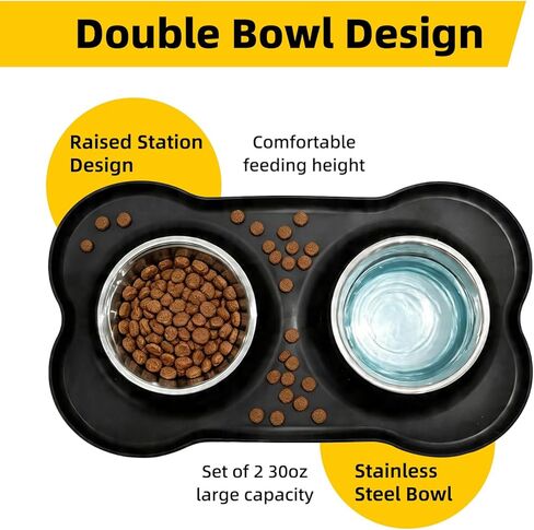 Double Stainless Steel Dog Bowls with Non-Slip Silicone Mat, Extra Small Puppy Food and Water Bowl Set, Spill Proof & Dishwasher Safe Pet Feeding Bowls for Small Dogs and Cats Under 8 lbs,BL (Black) in Kuwait