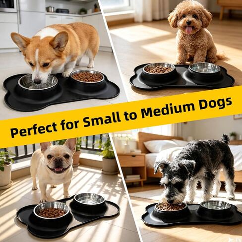 Double Stainless Steel Dog Bowls with Non-Slip Silicone Mat, Extra Small Puppy Food and Water Bowl Set, Spill Proof & Dishwasher Safe Pet Feeding Bowls for Small Dogs and Cats Under 8 lbs,BL (Black) in Kuwait