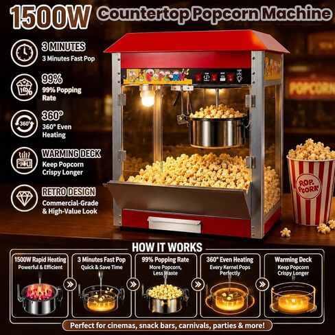 1500W Popcorn Machine with 12 Oz Kettle Makes Up to 50 Cups, Commercial Countertop Popcorn Machine Maker, 3 Switch Control for Quick 3-5 Minute Cinema Popcorn Making, Stainless Steel in Kuwait