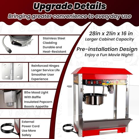 1500W Popcorn Machine with 12 Oz Kettle Makes Up to 50 Cups, Commercial Countertop Popcorn Machine Maker, 3 Switch Control for Quick 3-5 Minute Cinema Popcorn Making, Stainless Steel in Kuwait