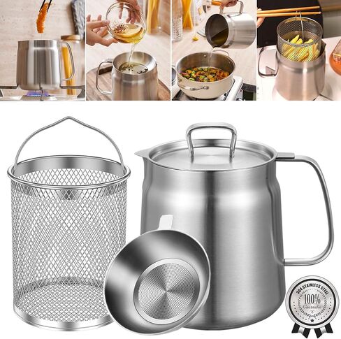 2-in-1 304 Stainless Steel Multifunctional Deep Fryer Pot with Basket & Strainer, Large Capacity Oil Filter Pot, Bacon Grease Container with Steel Pour for Kitchen, Camping, Cooking (68oz/2L) in Kuwait