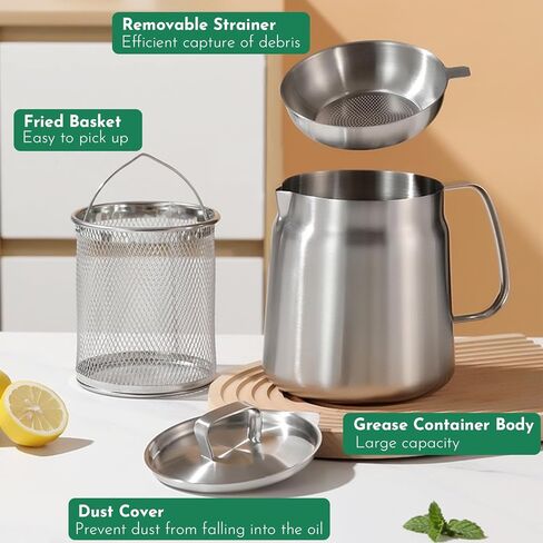 2-in-1 304 Stainless Steel Multifunctional Deep Fryer Pot with Basket & Strainer, Large Capacity Oil Filter Pot, Bacon Grease Container with Steel Pour for Kitchen, Camping, Cooking (68oz/2L) in Kuwait