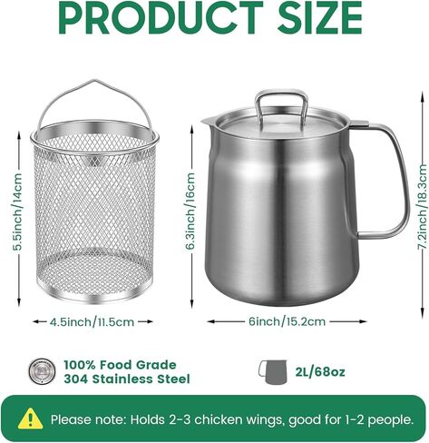 2-in-1 304 Stainless Steel Multifunctional Deep Fryer Pot with Basket & Strainer, Large Capacity Oil Filter Pot, Bacon Grease Container with Steel Pour for Kitchen, Camping, Cooking (68oz/2L) in Kuwait