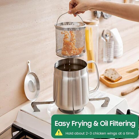 2-in-1 304 Stainless Steel Multifunctional Deep Fryer Pot with Basket & Strainer, Large Capacity Oil Filter Pot, Bacon Grease Container with Steel Pour for Kitchen, Camping, Cooking (68oz/2L) in Kuwait