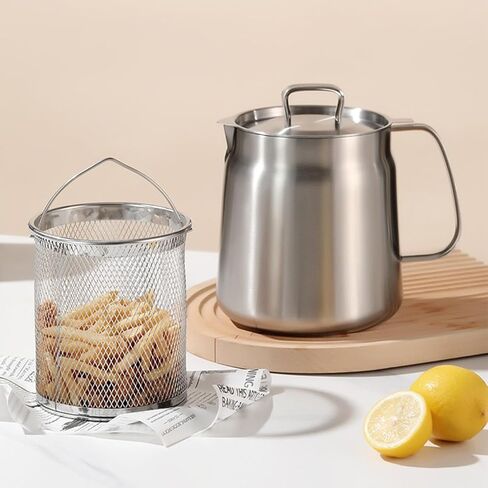 2-in-1 304 Stainless Steel Multifunctional Deep Fryer Pot with Basket & Strainer, Large Capacity Oil Filter Pot, Bacon Grease Container with Steel Pour for Kitchen, Camping, Cooking (68oz/2L) in Kuwait