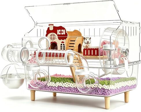 8 in 1 Acrylic Hamster Cage,2 Tier Dwarf Hamster Cage with 360° Transparent Viewing,Hamster Habitat Gerbil cage Top Open Mouse Cage with Tubes for Pet Mice (Clear, 17.7"x13"x11.8") in Kuwait