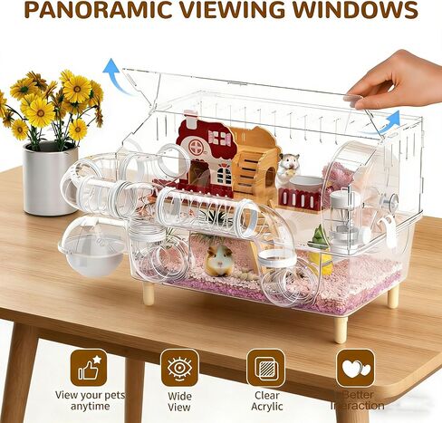 8 in 1 Acrylic Hamster Cage,2 Tier Dwarf Hamster Cage with 360° Transparent Viewing,Hamster Habitat Gerbil cage Top Open Mouse Cage with Tubes for Pet Mice (Clear, 17.7"x13"x11.8") in Kuwait