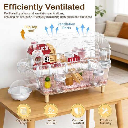 8 in 1 Acrylic Hamster Cage,2 Tier Dwarf Hamster Cage with 360° Transparent Viewing,Hamster Habitat Gerbil cage Top Open Mouse Cage with Tubes for Pet Mice (Clear, 17.7"x13"x11.8") in Kuwait