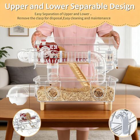8 in 1 Acrylic Hamster Cage,2 Tier Dwarf Hamster Cage with 360° Transparent Viewing,Hamster Habitat Gerbil cage Top Open Mouse Cage with Tubes for Pet Mice (Clear, 17.7"x13"x11.8") in Kuwait