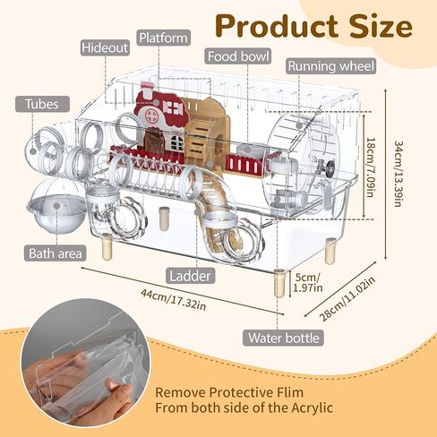 8 in 1 Acrylic Hamster Cage,2 Tier Dwarf Hamster Cage with 360° Transparent Viewing,Hamster Habitat Gerbil cage Top Open Mouse Cage with Tubes for Pet Mice (Clear, 17.7"x13"x11.8") in Kuwait