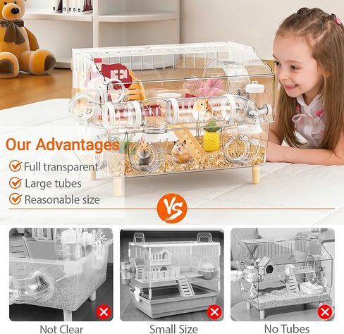 8 in 1 Acrylic Hamster Cage,2 Tier Dwarf Hamster Cage with 360° Transparent Viewing,Hamster Habitat Gerbil cage Top Open Mouse Cage with Tubes for Pet Mice (Clear, 17.7"x13"x11.8") in Kuwait