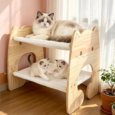 Extra Large 2 Layer Cat Bed, Pine Wooden Bunk Hammock Bed with Soft Breathable Washable Cover, Elevated Pet Bed for Cats Rabbit, 24.5x17.32x20.1 inch in Saudi Arabia